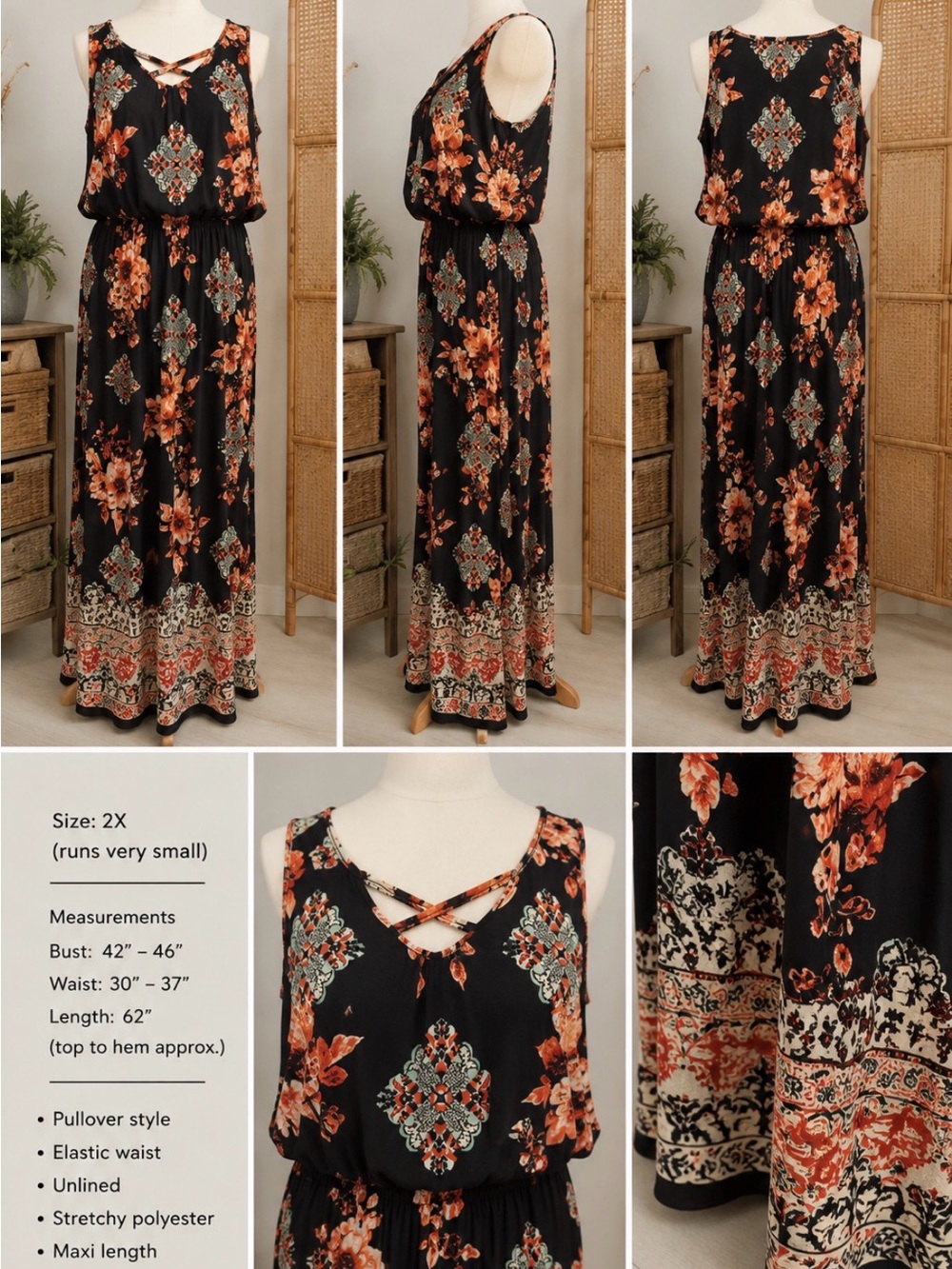 Three Hearts -Black with Orange Floral plus size maxi dress -Medallion Print